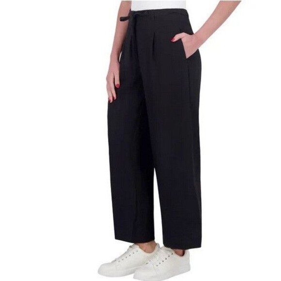 NWT DKNY Women's Wide Legged Pull On Drawstring Ankle Pants Black Size 12 - Picture 2 of 3
